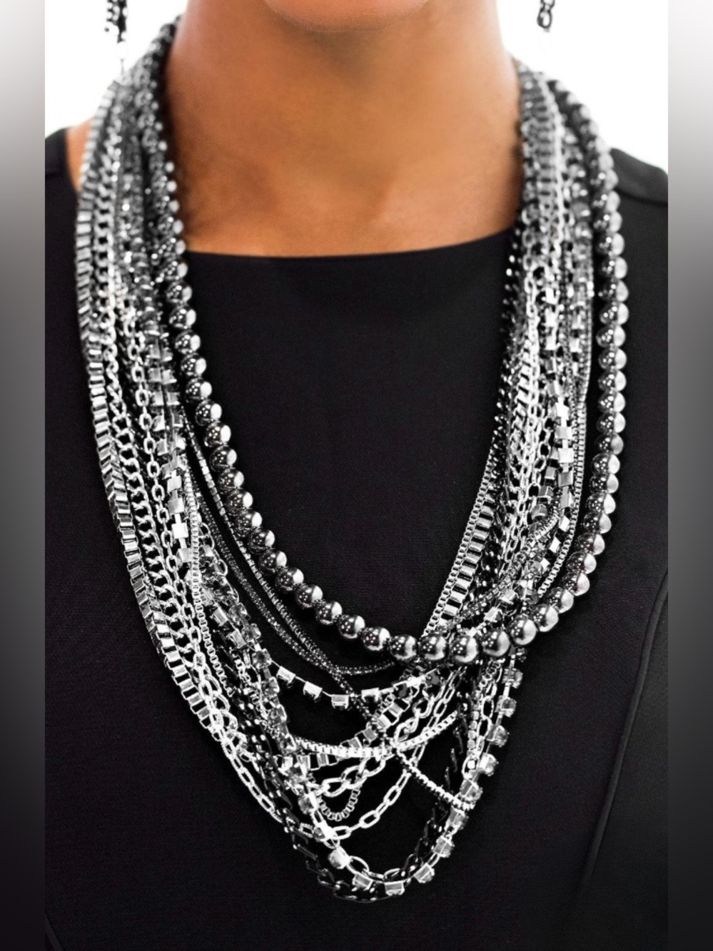 Multi-Strand Silver Statement Necklace & Earrings Set